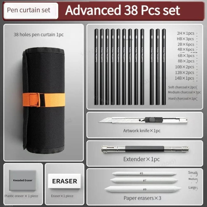 Sketch Pencil Set 27 38 47 Pieces Roll Up Canvas Wrap Art