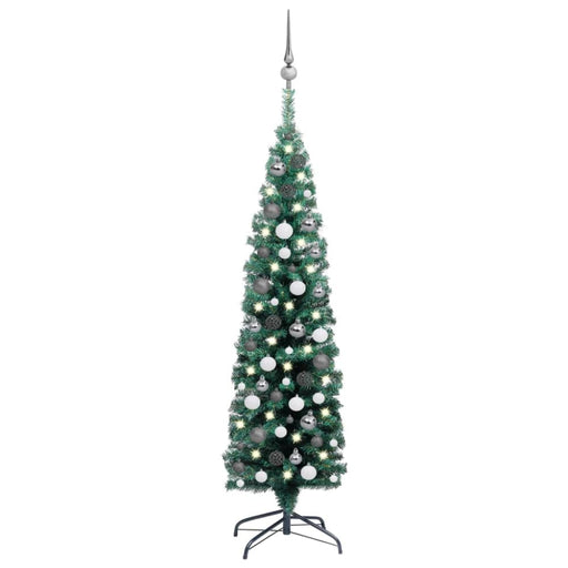 Slim Artificial Christmas Tree With Leds&ball Set Green 150