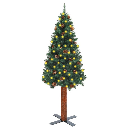 Slim Christmas Tree With Leds&real Wood&cones Green 210 Cm
