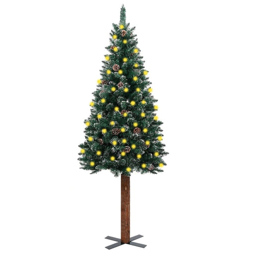 Slim Christmas Tree With Leds&real Wood&white Snow Green