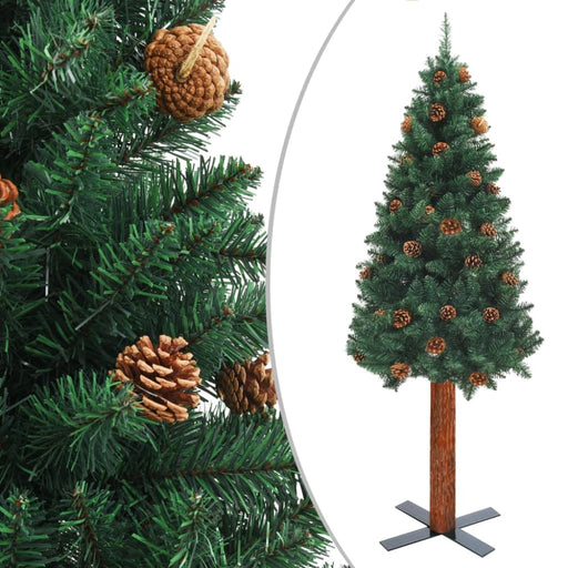 Slim Christmas Tree With Real Wood And Cones Green 180 Cm