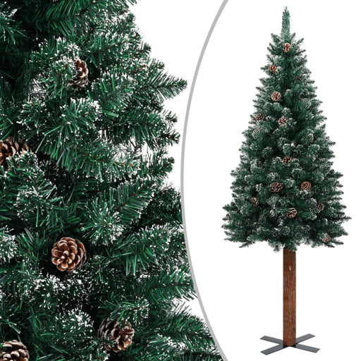 Slim Christmas Tree With Real Wood And White Snow Green 150