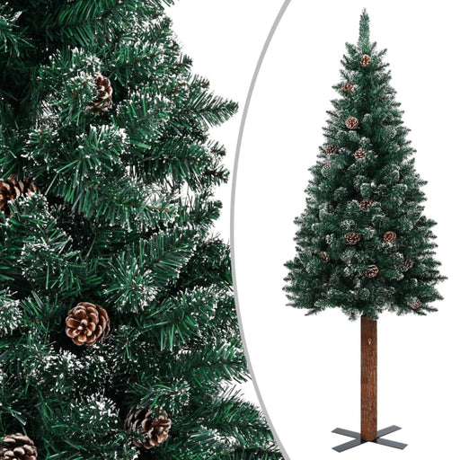 Slim Christmas Tree With Real Wood And White Snow Green 210