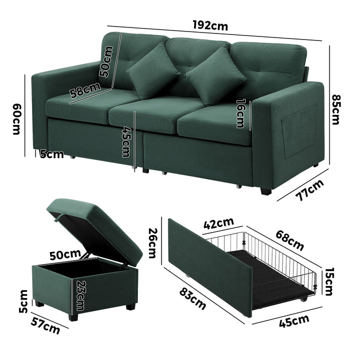 3 Seater Sofa Lounge Set Modular Couch Drawers & Ottoman Velvet Green