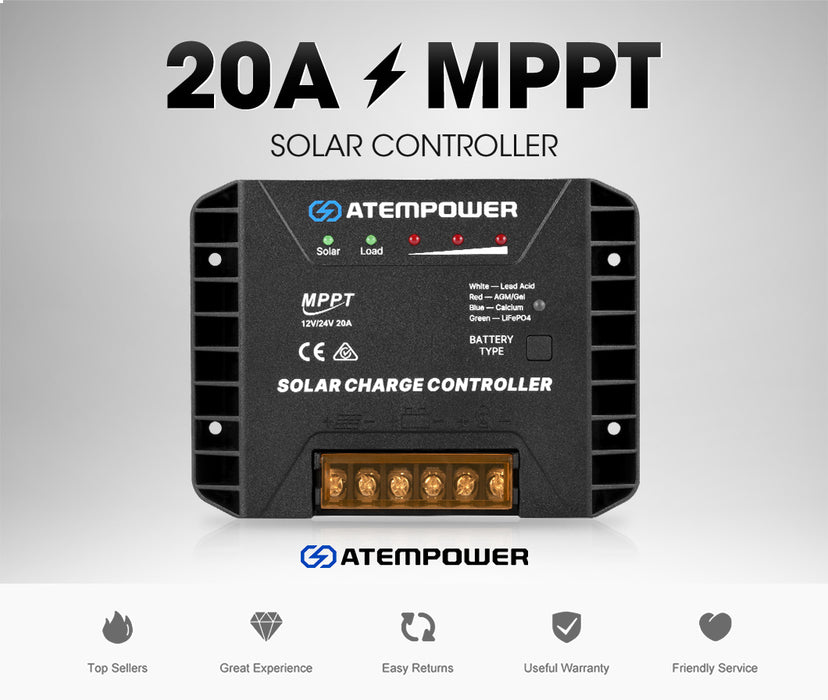 20A Mppt Solar Charge Controller Regulator Lithium Compatible 12V / 24V