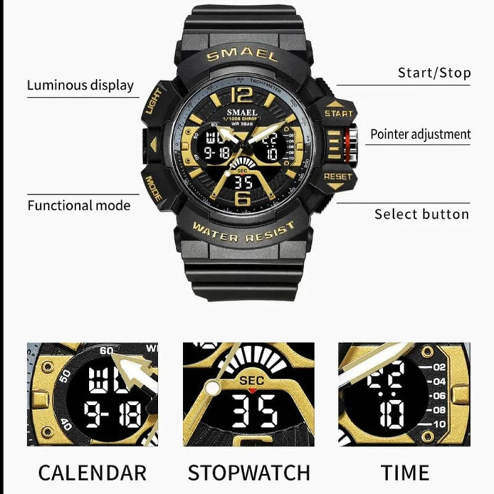 Sport Watch Men 50m Waterproof Wrist Dual Time Display
