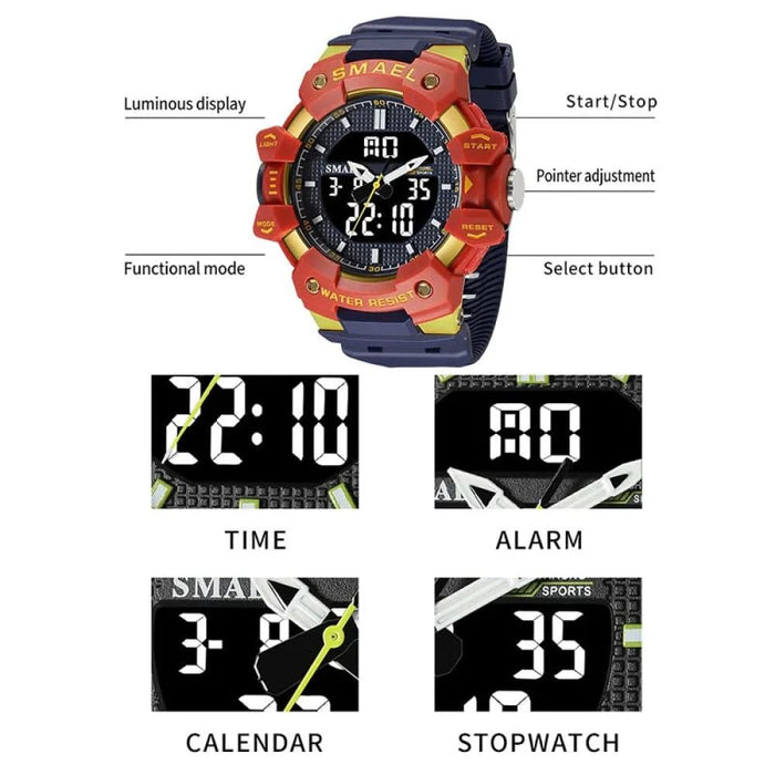 Men Sports Quartz Wrist 50m Waterproof Watch Week Display