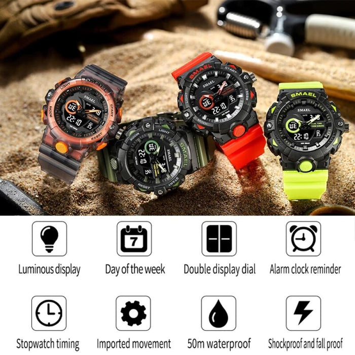 Men Sports 50m Waterproof Dual Time Digital Analog 8081