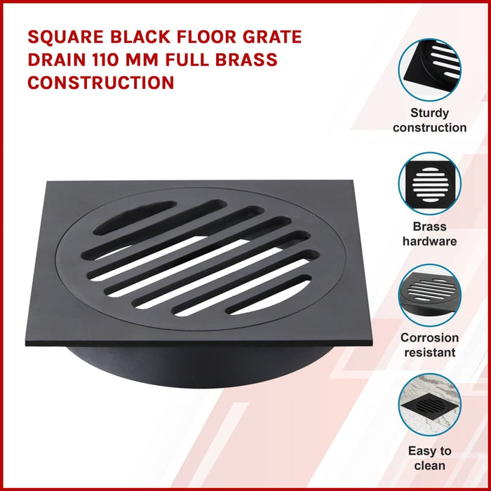 Square Black Floor Grate Drain 110 Mm Full Brass