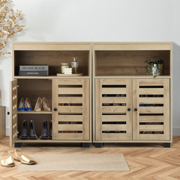 2PCs Buffet Sideboard Shoe Storage Cabinet Slatted Doors Cupboard Hallway Natural