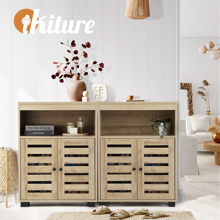 2PCs Buffet Sideboard Shoe Storage Cabinet Slatted Doors Cupboard Hallway Natural
