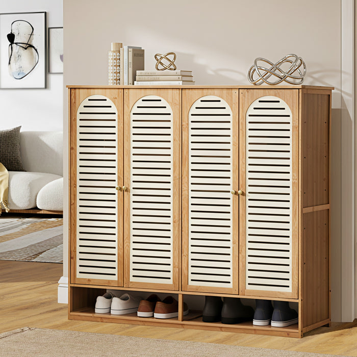 Shoe Storage Cabinet 4 Doors Bamboo Shoe Organiser Shelf Beige