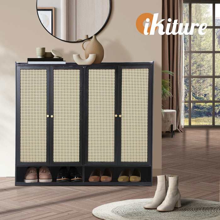 Shoe Storage Cabinet Shoes Rack Organiser Shelf 4 Doors Rattan Black