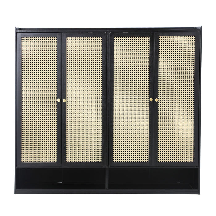 Shoe Storage Cabinet Shoes Rack Organiser Shelf 4 Doors Rattan Black