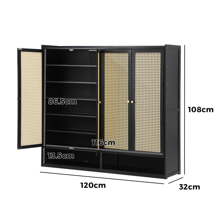 Shoe Storage Cabinet Shoes Rack Organiser Shelf 4 Doors Rattan Black