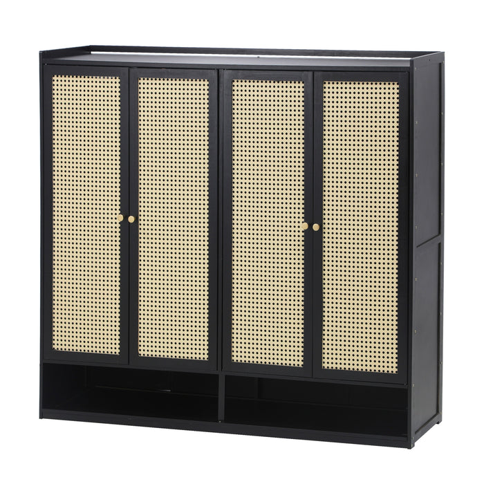 Shoe Storage Cabinet Shoes Rack Organiser Shelf 4 Doors Rattan Black