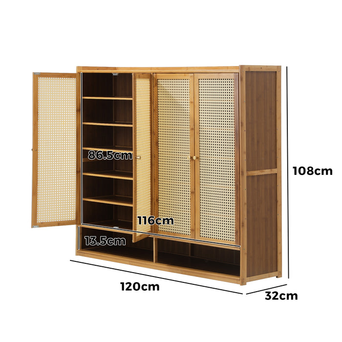 Shoe Storage Cabinet Shoes Rack Organiser Shelf 4 Doors Rattan Brown