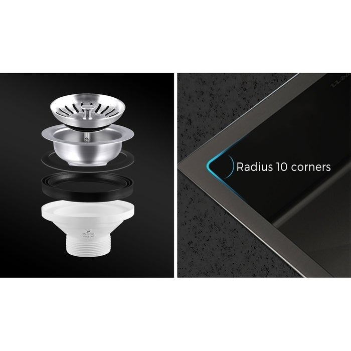 Kitchen Sink 44X44Cm Stainless Steel Single Bowl Basin With Waste Black