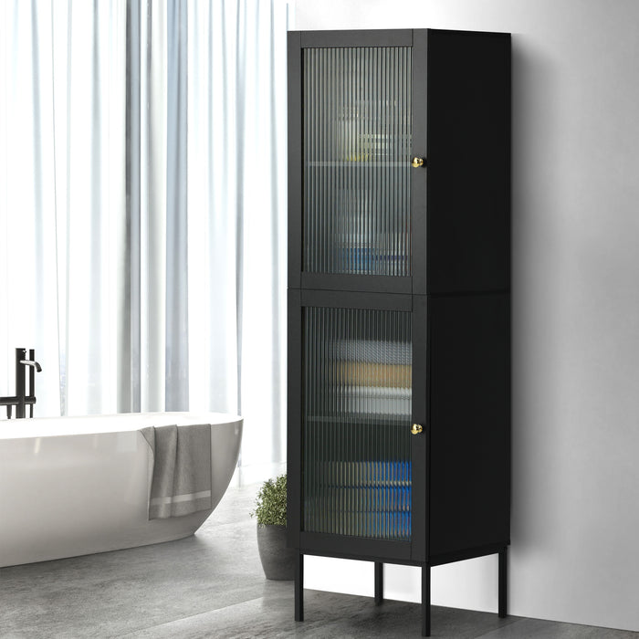 Bathroom Cabinet Storage Tall Slim Cupboard Tempered Glass Door Black