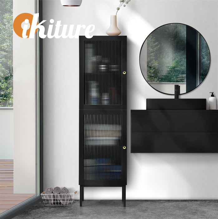 Bathroom Cabinet Storage Tall Slim Cupboard Tempered Glass Door Black