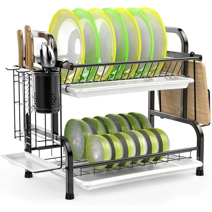 Stainless Steel 2-tier Dish Drying Rack with Utensil Holder