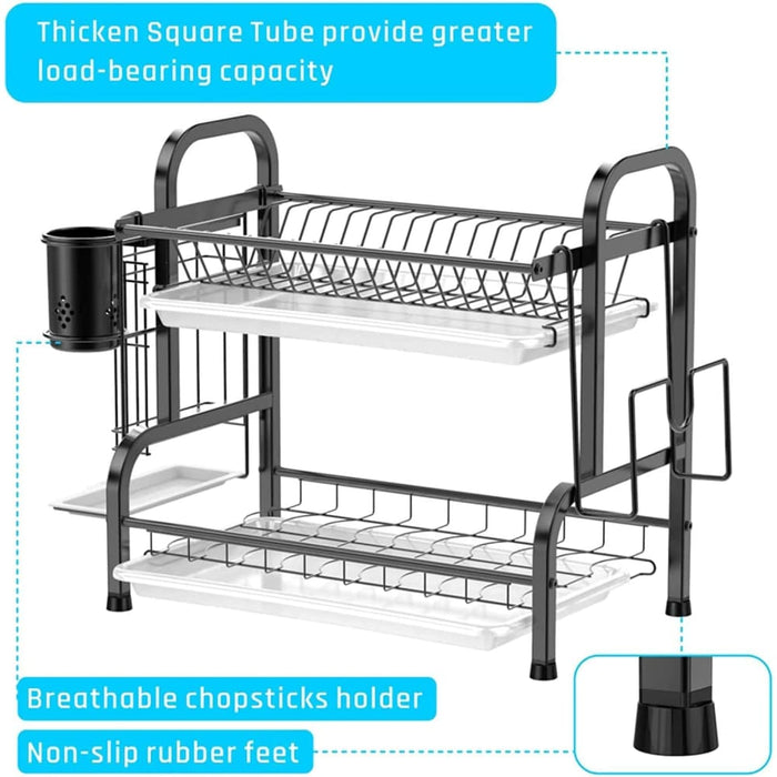Stainless Steel 2-tier Dish Drying Rack with Utensil Holder