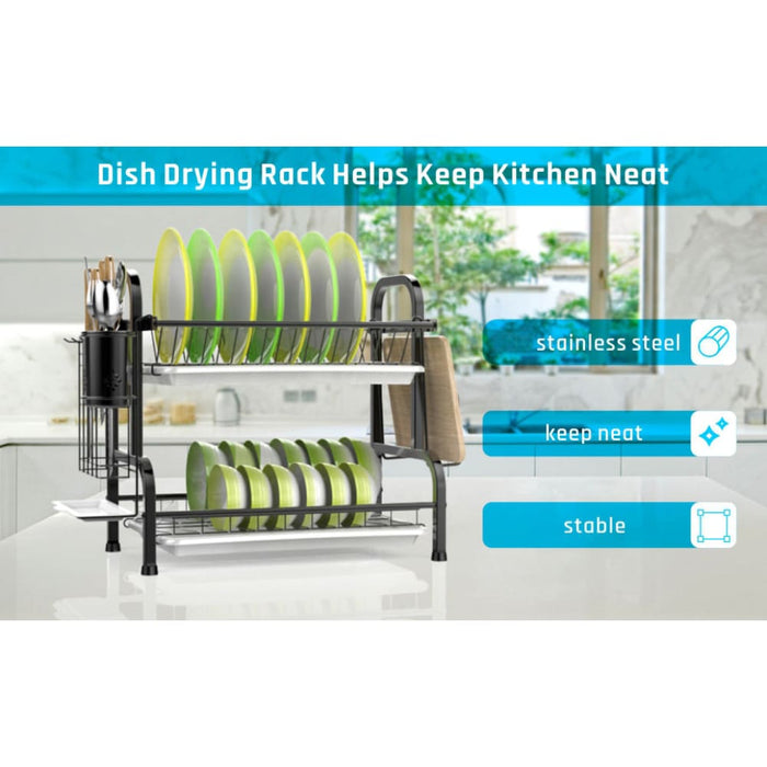 Stainless Steel 2-tier Dish Drying Rack with Utensil Holder