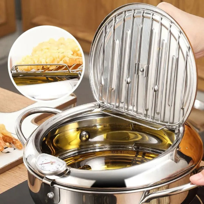 Stainless Steel Oil Pan with Thermometer and Cover