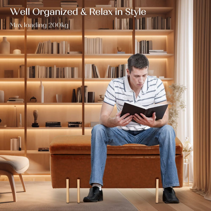 Storage Ottoman Stool Bench Seat 97cm Pu Leather Brown