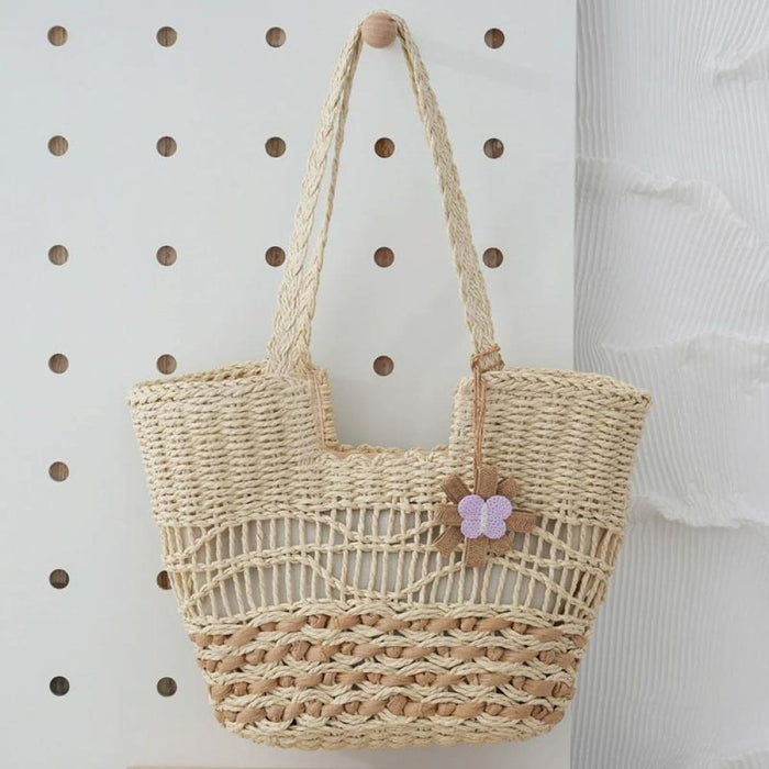 Straw Shoulder Hollow Wave Large Capacity Tote Bag