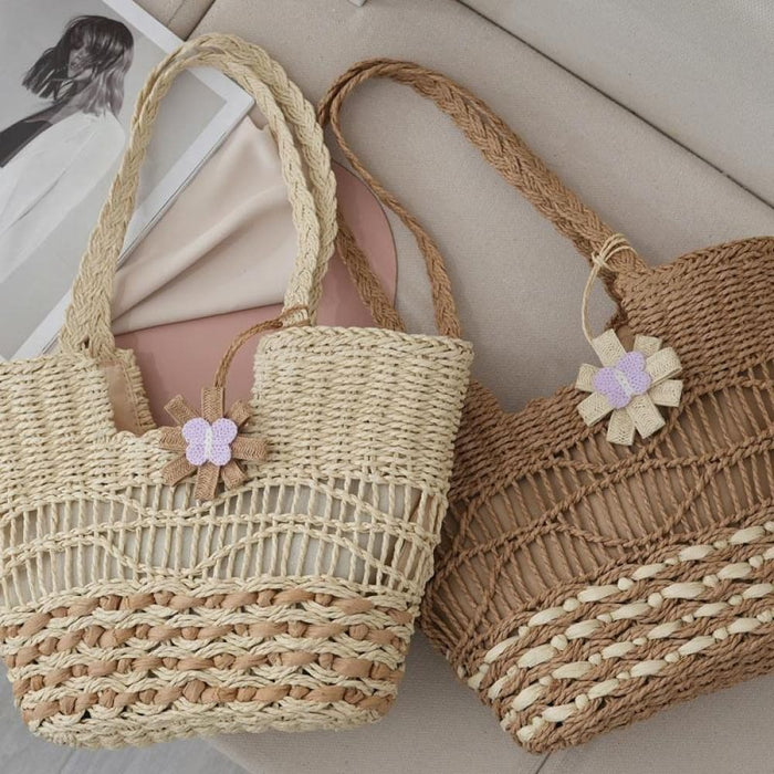 Straw Shoulder Hollow Wave Large Capacity Tote Bag