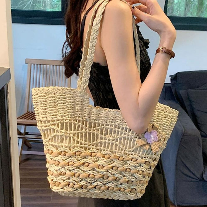 Straw Shoulder Hollow Wave Large Capacity Tote Bag