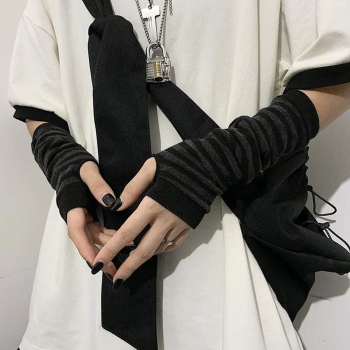 Striped Knit Fingerless Gloves For Winter