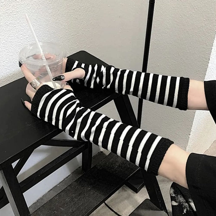 Striped Knit Fingerless Gloves For Winter