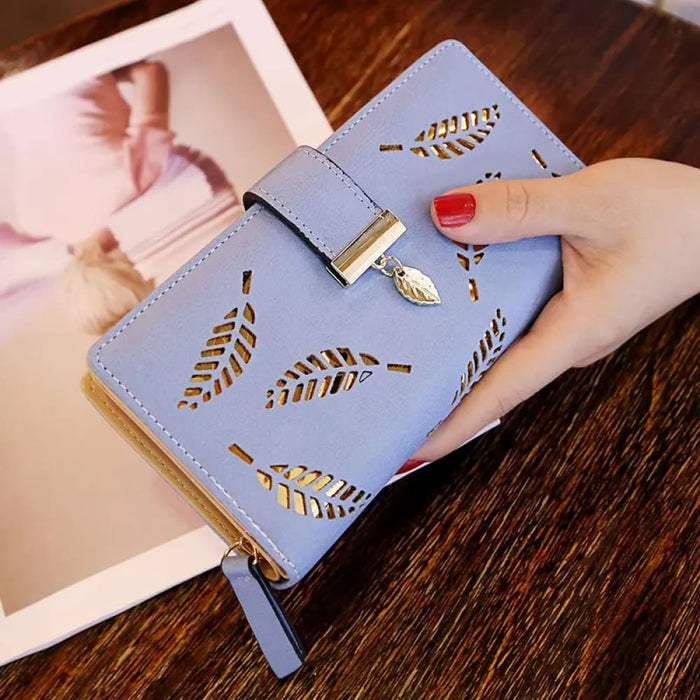 Stylish Pu Leather Wallet for Women Gold Hollow Leaves