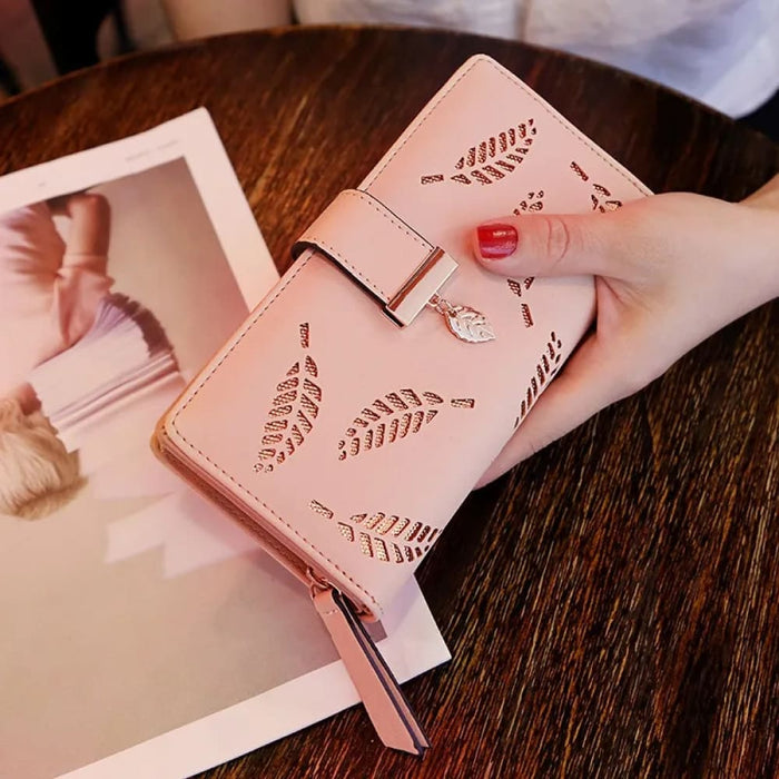Stylish Pu Leather Wallet for Women Gold Hollow Leaves