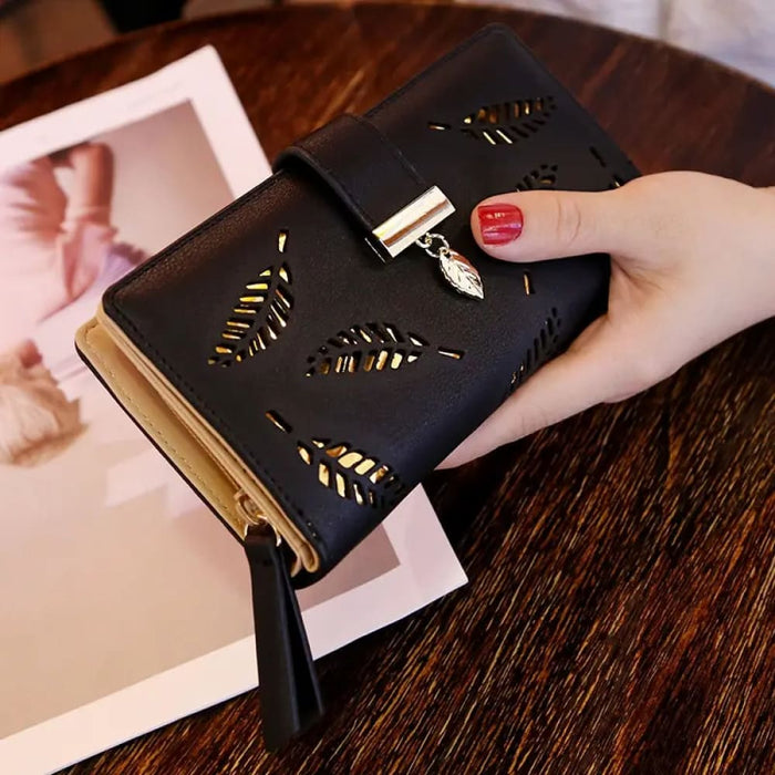 Stylish Pu Leather Wallet for Women Gold Hollow Leaves