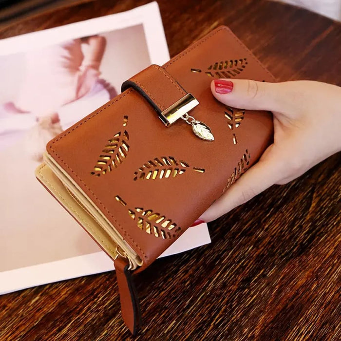 Stylish Pu Leather Wallet for Women Gold Hollow Leaves
