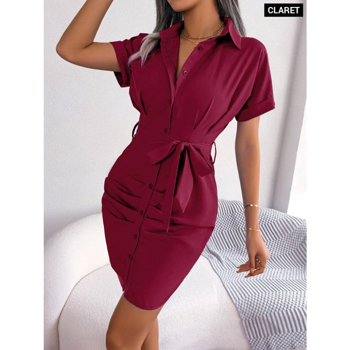 Summer Short Sleeve Pleated Pencil Dress for Women