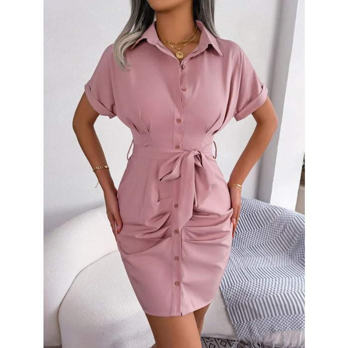 Summer Short Sleeve Pleated Pencil Dress for Women