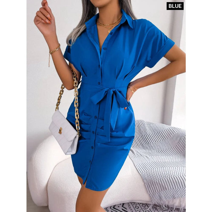 Summer Short Sleeve Pleated Pencil Dress for Women