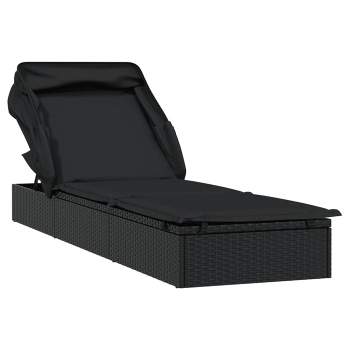 Sunbed with Foldable Roof Black 213x63x97 Cm Poly Rattan