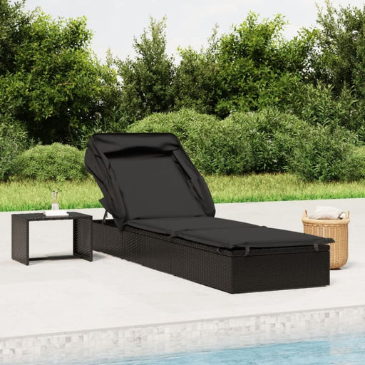 Sunbed with Foldable Roof Black 213x63x97 Cm Poly Rattan