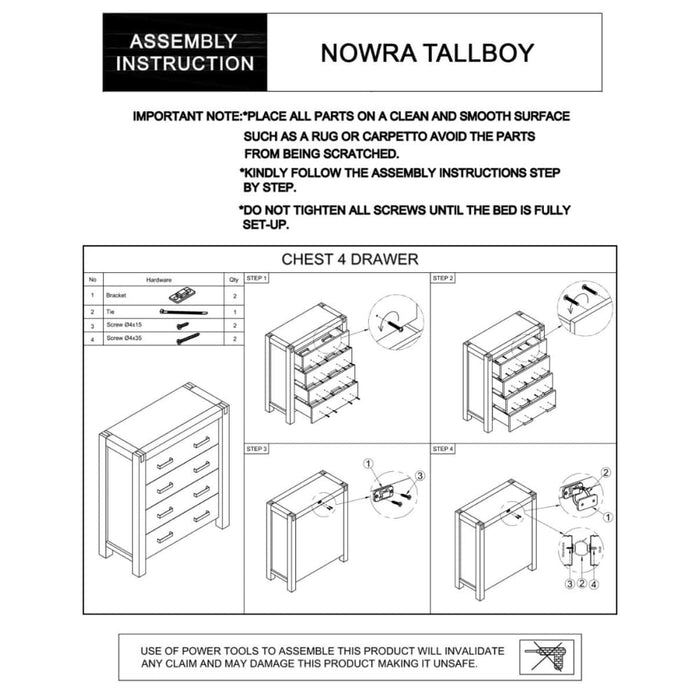 Tallboy with 4 Storage Drawers Solid Wooden Assembled