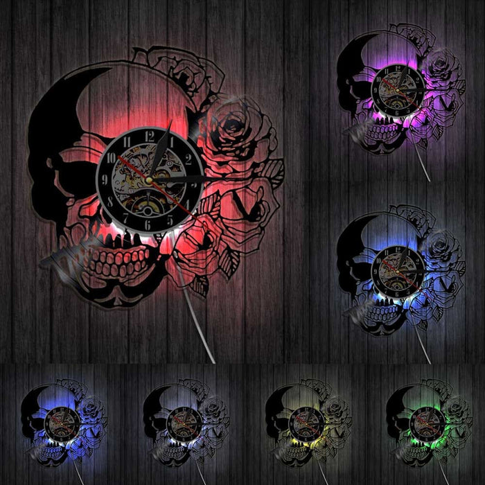 Tattoo Skull With Rose Wall Art Led Vinyl Record Clock