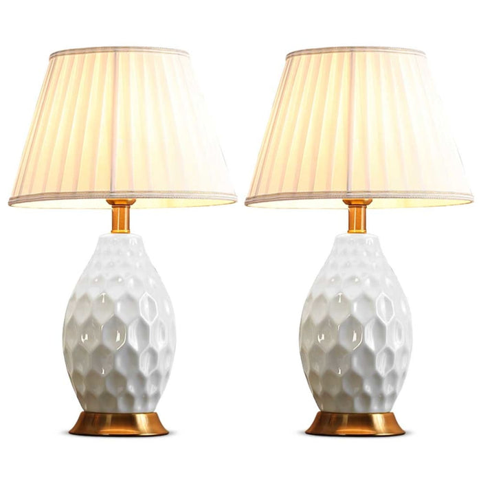 2x Textured Ceramic Oval Table Lamp With Gold Metal Base