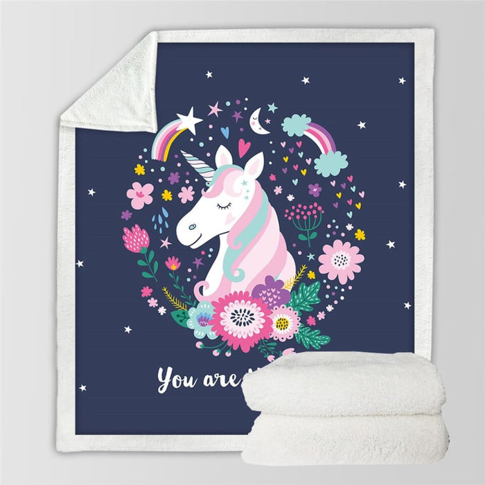 Unicorn Throw Blanket Floral Cartoon Sherpa For Kids Girl