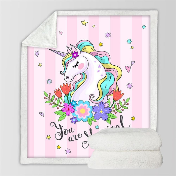 Unicorn Throw Blanket Floral Cartoon Sherpa For Kids Girl