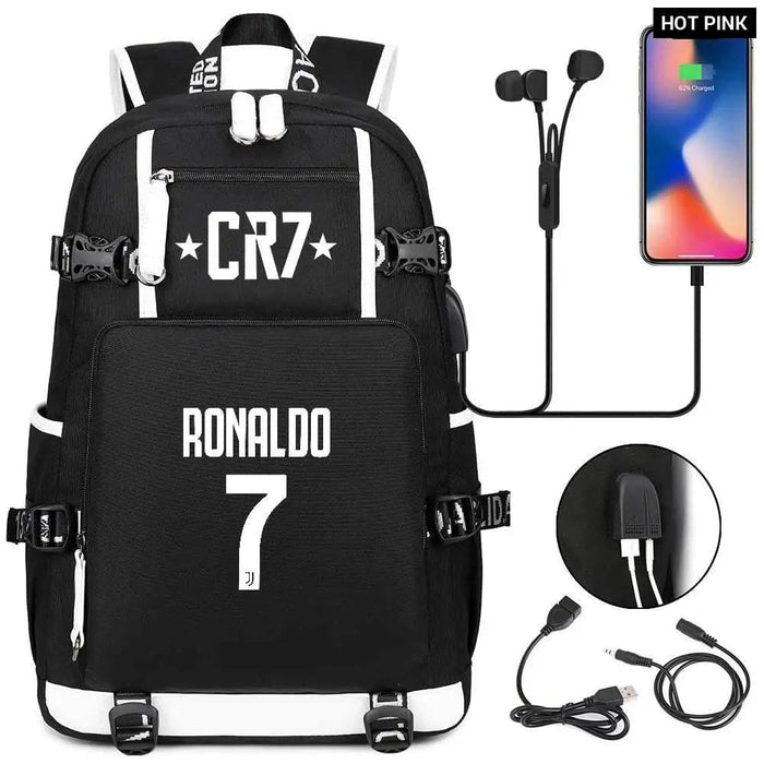 Unisex Football Cr7 Usb 18 Inch Laptop School Backpack