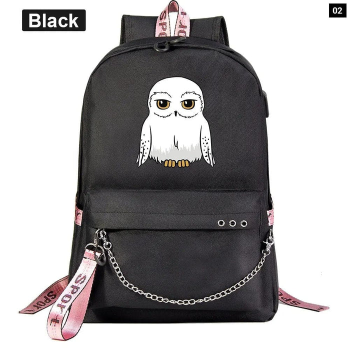 Unisex Kawaii Owl Prints Kids Usb Charging Canvas School Bag